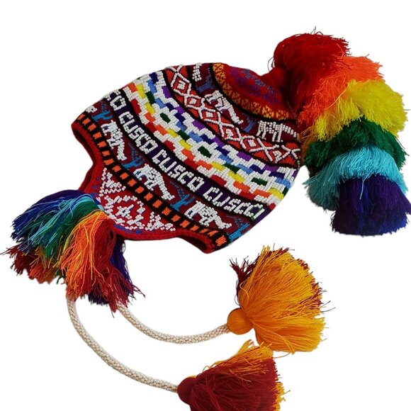 Authentic Cusco Andean Chullo Hat – Handwoven Alpaca Wool Winter Hat with Rainbo - Picture 1 of 3